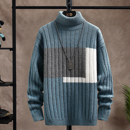 Square Color Stitching Thickened Turtleneck Men's Knitted Sweater